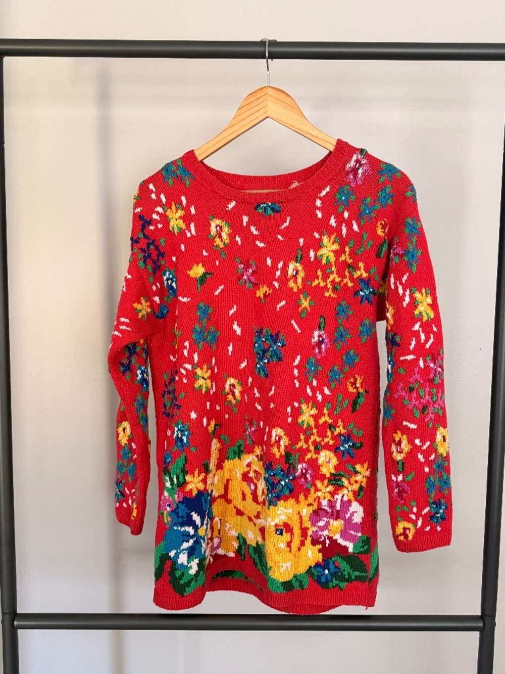 90s Red Knit Floral Sweater